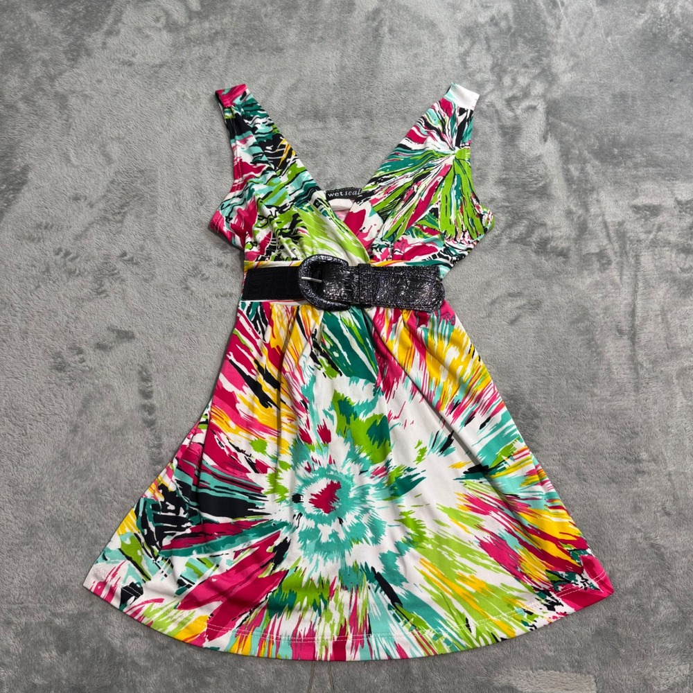 VTG Y2K Wet Seal Abstract Print Babydoll Top Pink Green Belted V-Neck Small